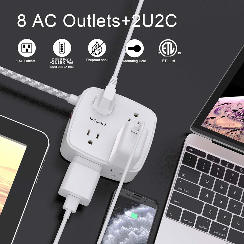6FT Surge Protector Power Strip 8 Outlets 4 USB 2 USB C Flat Plug White1