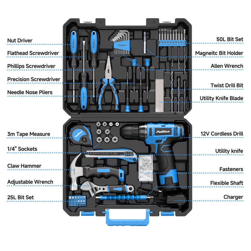 148PC Home Tool Kit 12V Cordless Drill Set Tool Box DIY Repair Blue1