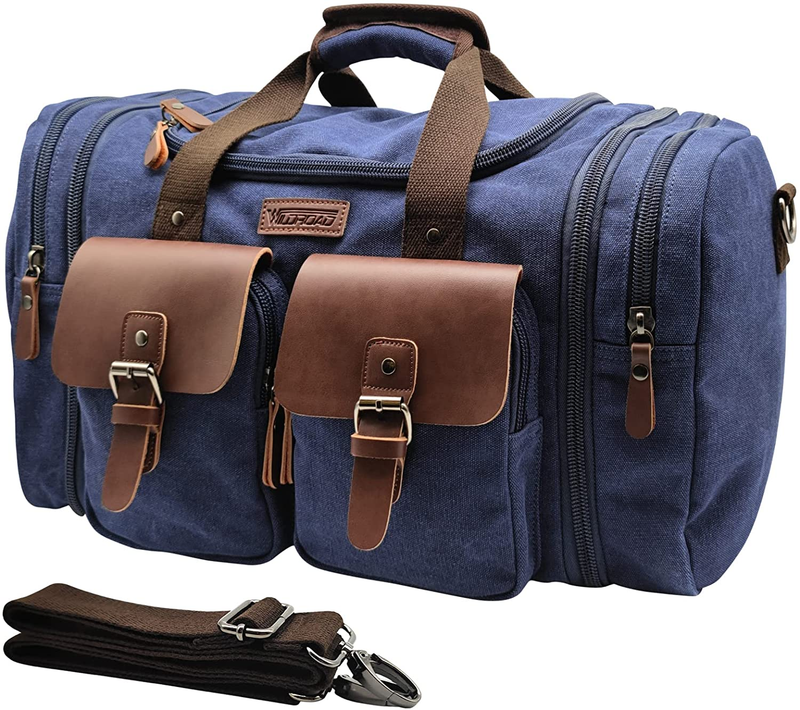 Travel Duffel Bag 50L Expandable Canvas Leather Carry On Bag Weekender11