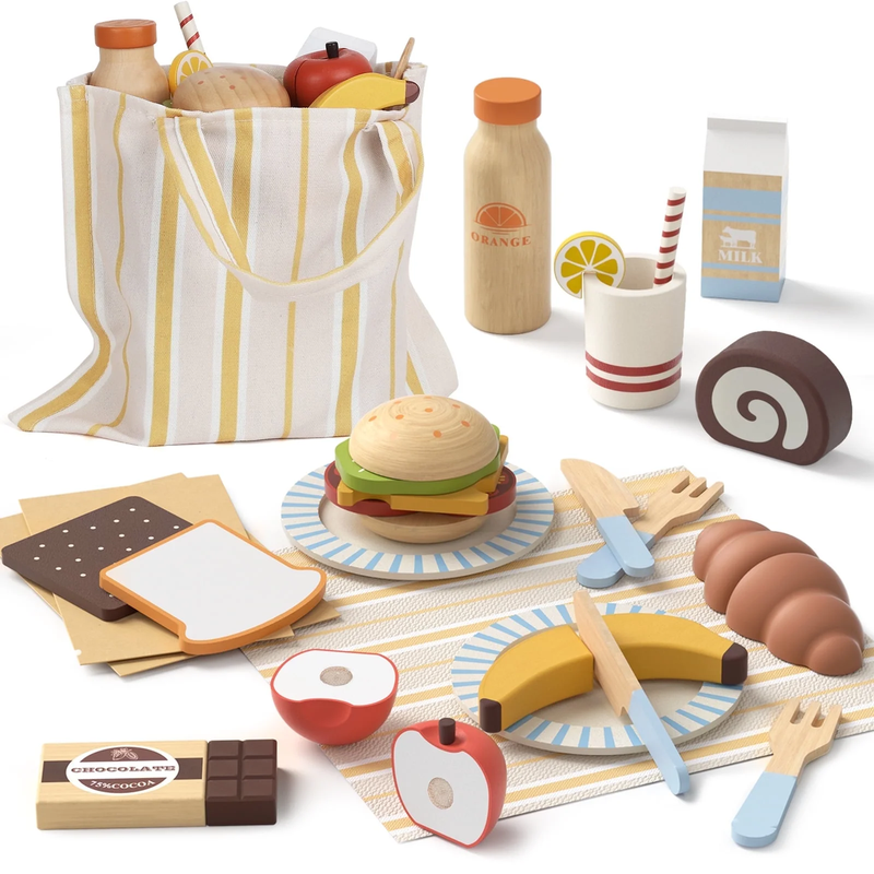 Wooden Play Food Sets for Kids Kitchen, Food Toys for Toddlers 3 5, Pretend Picn11