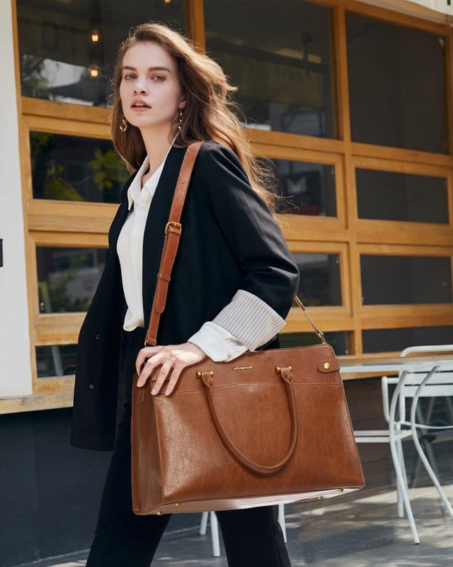 15.6" Laptop Tote Bag for Women Vintage Leather Waterproof Briefcase Brown1