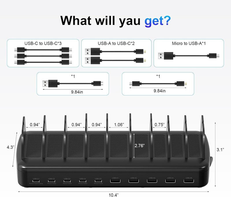 510W USB C Charging Station – 10 Port Fast Charger with Cables for Phones 6