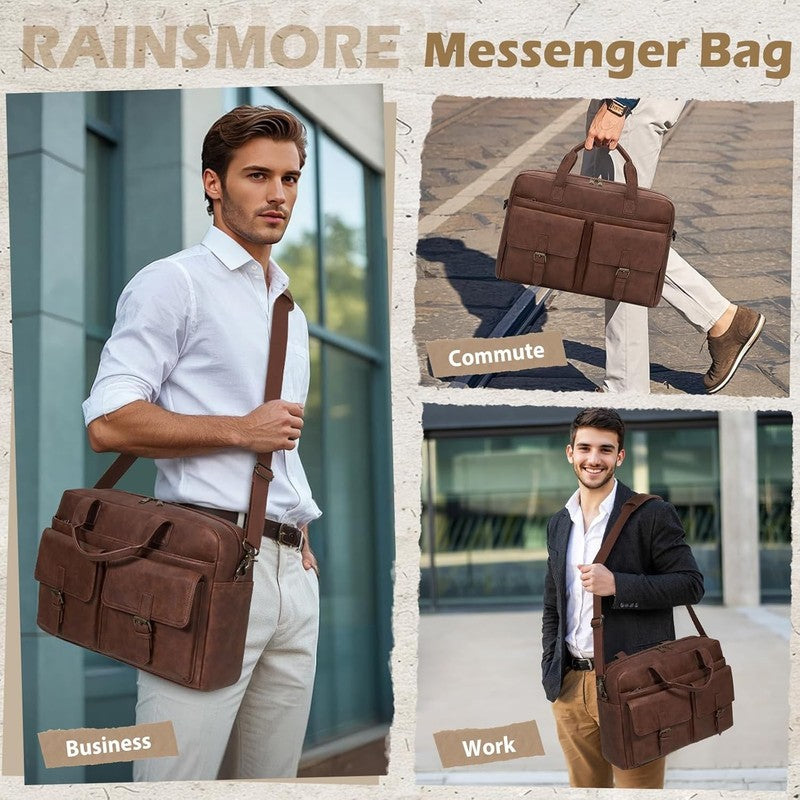 Mens Messenger Bag 16in Leather Laptop Briefcase Vintage Shoulder Satchel Brown1