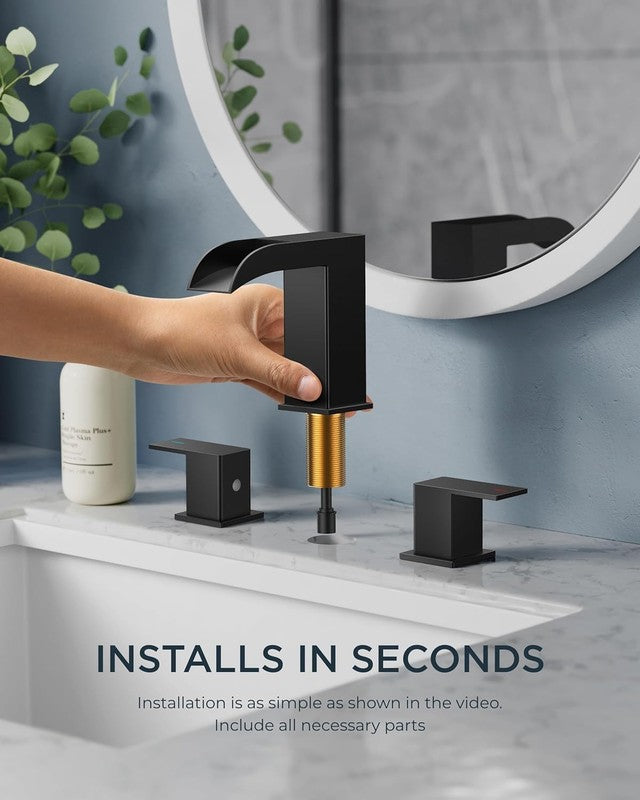 8" Matte Black Waterfall Bathroom Faucet 3 Hole w/ Drain & Supply Lines5