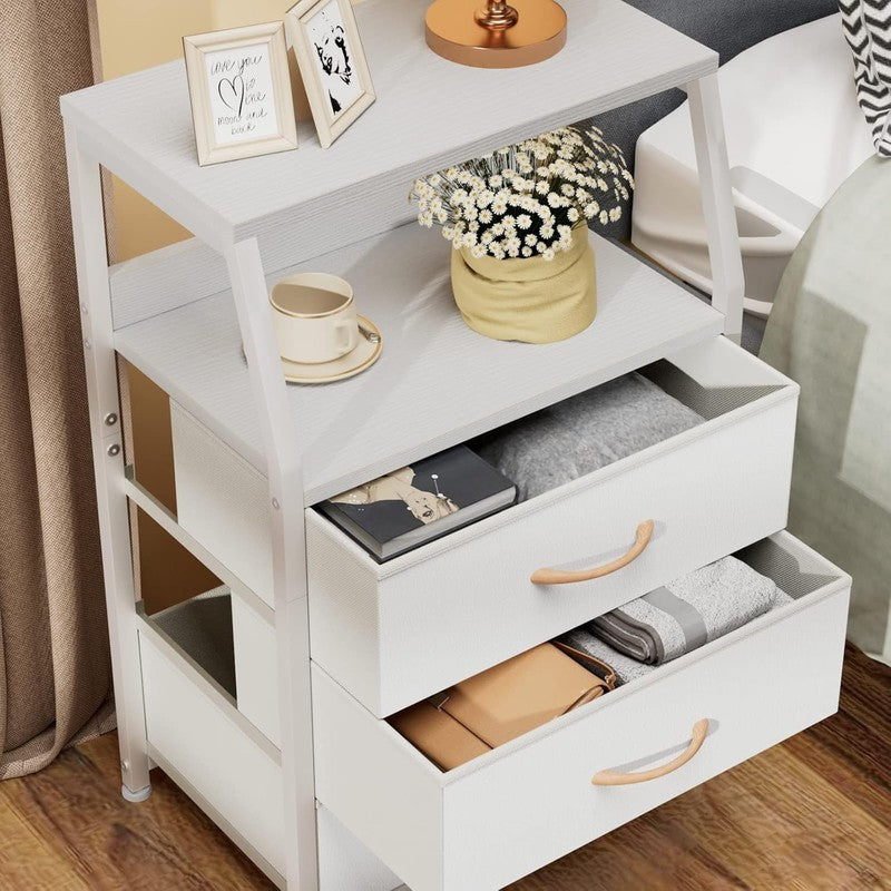 White Nightstand with 3 Drawers and 2 Tier Shelf, Small Night Stand End Table Si3
