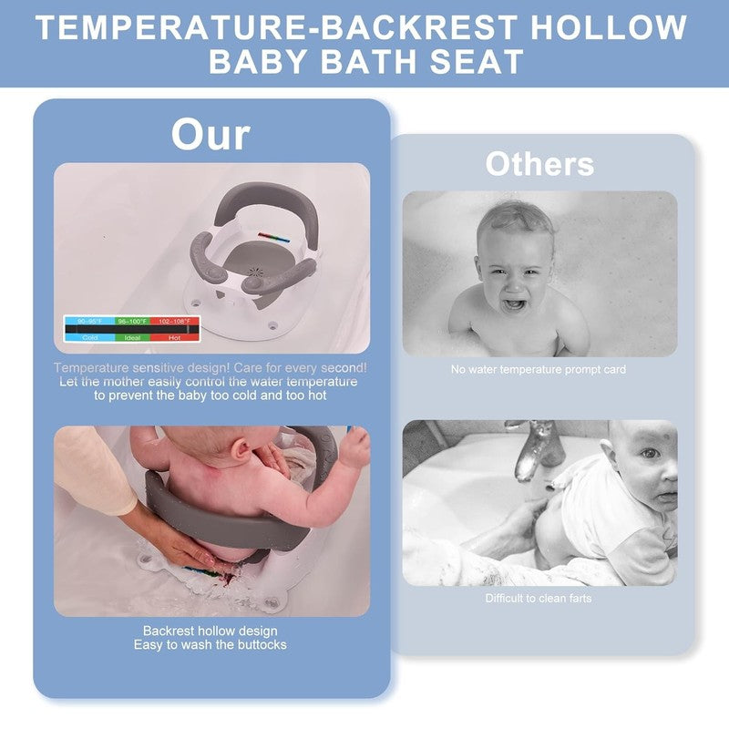 Baby Bath Seat 6M+, 360° Bath Chair with Safety Suction & Temp Card (Gray)5