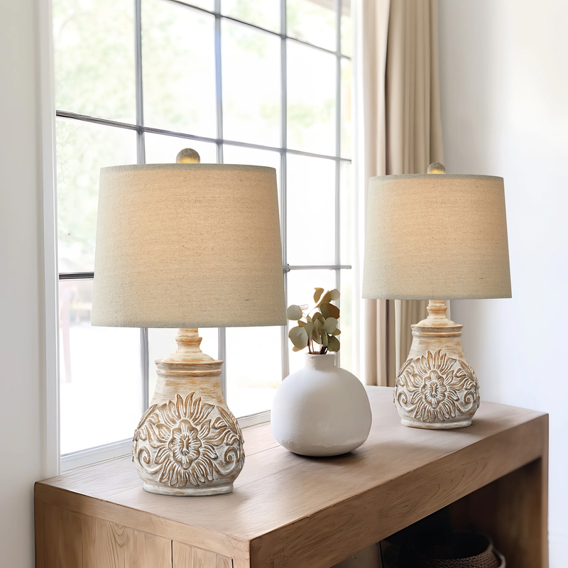 Set of 2 18.5" Retro Farmhouse Table Lamps Resin for Bedroom & Living Room0