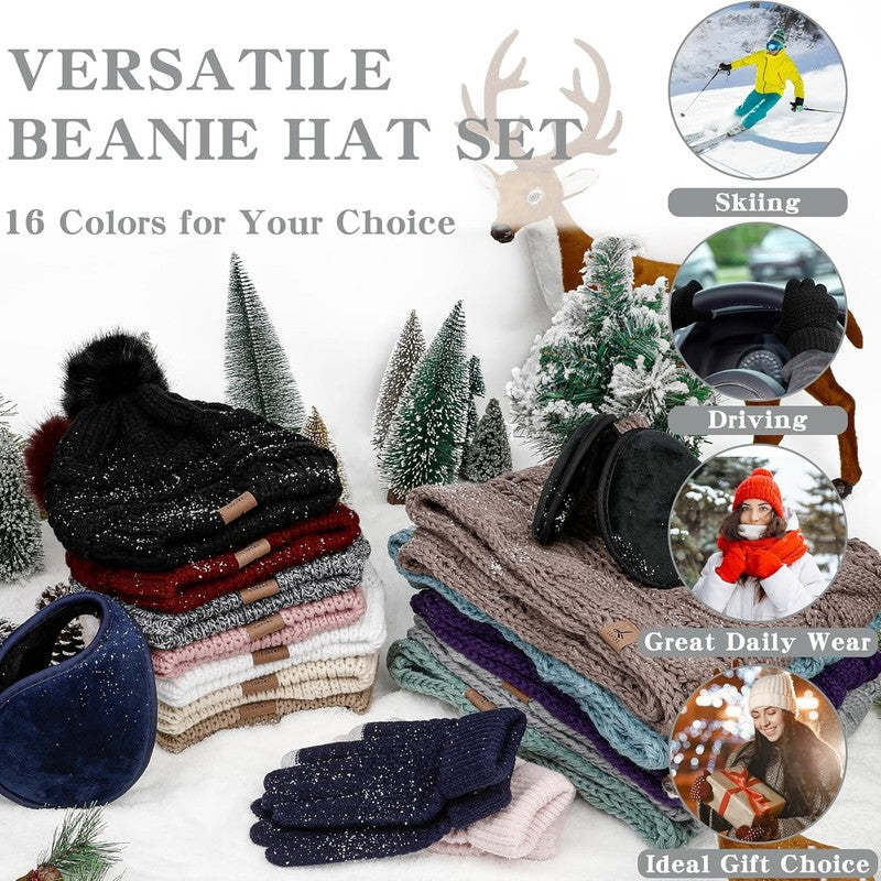 Winter Hat Scarf Gloves and Ear Warmer, Warm Knit Beanie Hat Touch Screen Gloves6