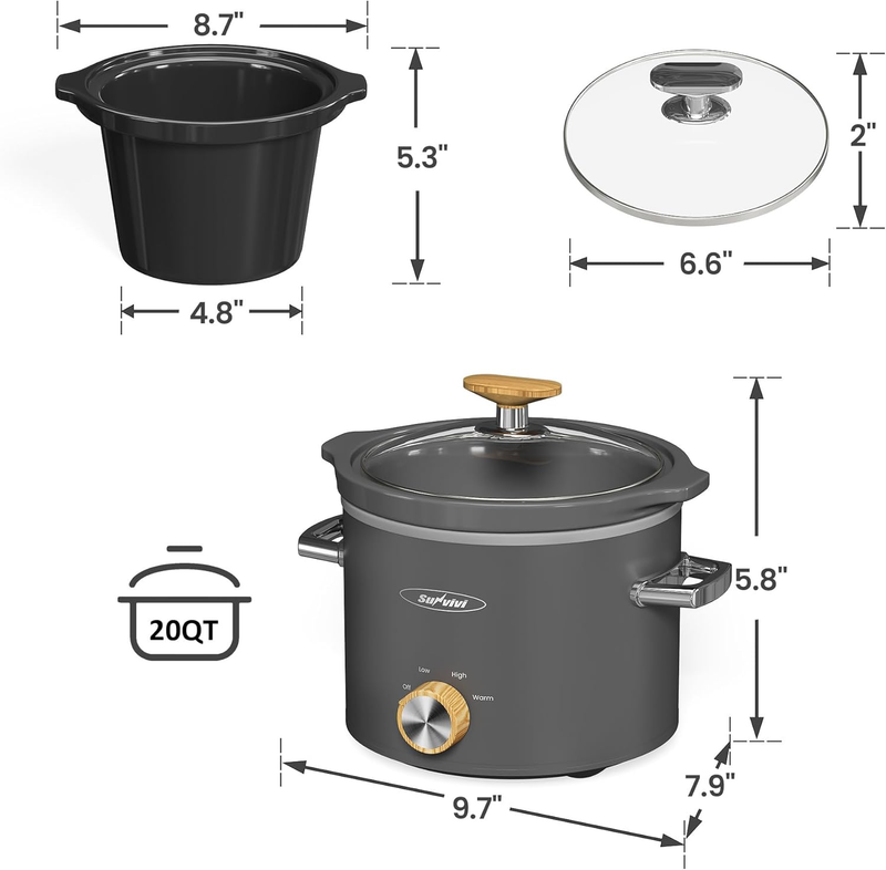 2Qt Slow Cooker Small Removable Ceramic 3-Setting Grey Food Warmer6
