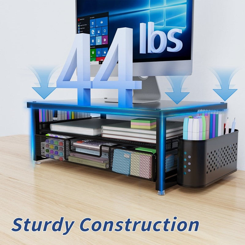 2 Tier Monitor Stand Riser with Drawer and Pen Holders, Desk Organizer and Acces2