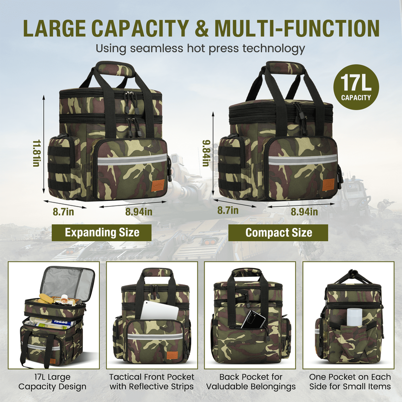 24L Insulated Lunch Bag Expandable Double Deck Cooler Tote Work Green Camo3