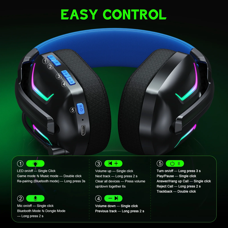 Wireless Gaming Headset 2.4GHz Bluetooth PS5 PS4 PC Switch Noise Mic Blue5