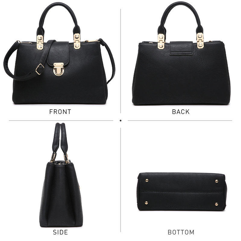 Women'S PU Leather Solid Print Zipper Tote Shoulder Bag, Black5