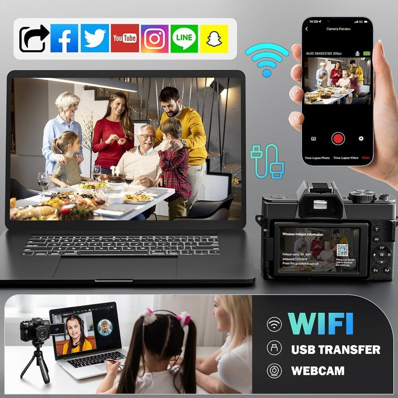 5K Digital Camera 64MP Vlogging 16X Zoom WiFi Wide & Macro Lens Anti-Shake Black8