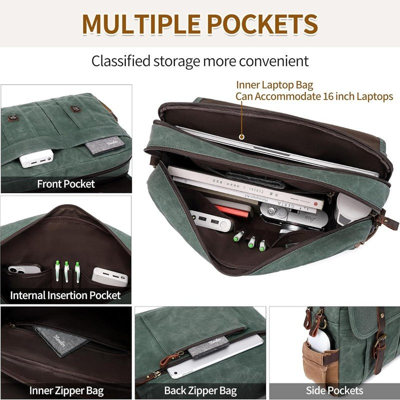 Men's 15.6" Vintage Canvas Leather Laptop Messenger Bag Satchel Shoulder Green2