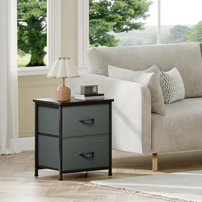 Set of 2 Nightstands 2 Drawer Bedside Table w/ Fabric Bins Charcoal Grey4