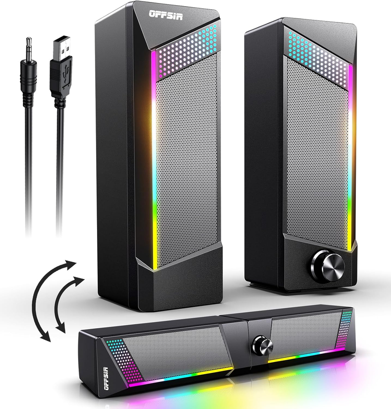 2in1 RGB Computer Speakers USB Powered 3.5mm Aux PC Gaming Desktop Black10