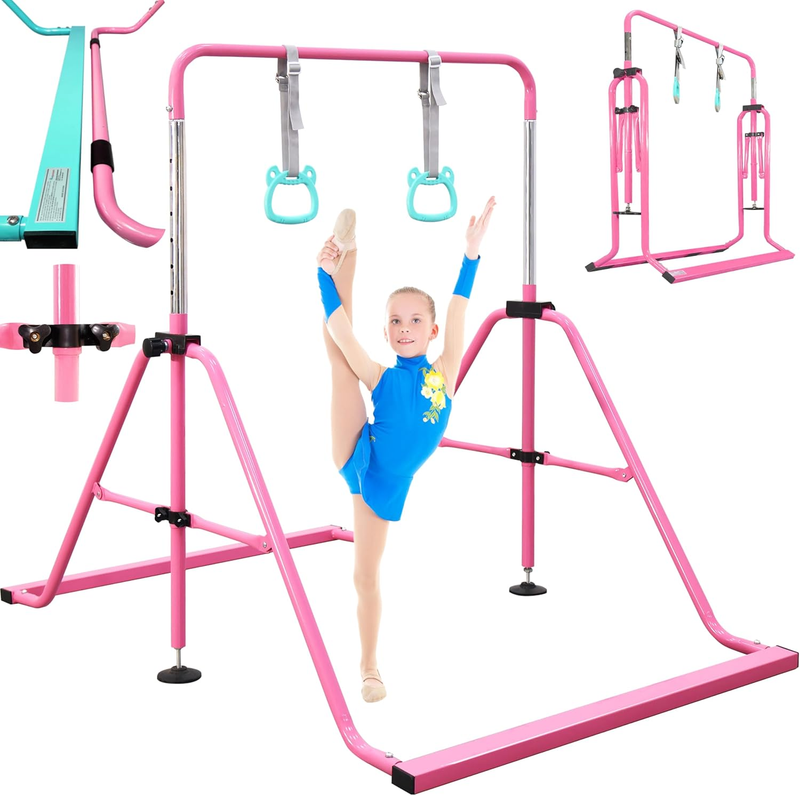 Folding Kids Gymnastics Bar w/ Rings Sturdy Kip Bar Horizontal Home Gym6