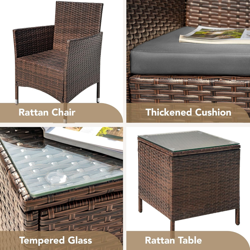 3 Piece Patio Furniture Set PE Rattan Table Outdoor Set Brown Grey Patio Porch6