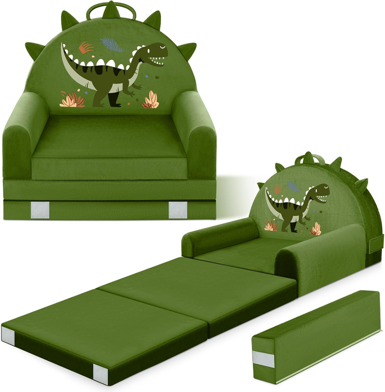 Dinosaur Kids Foldable Sofa Bed w/ Washable Cover, Crystal Velvet Toddler Chair10