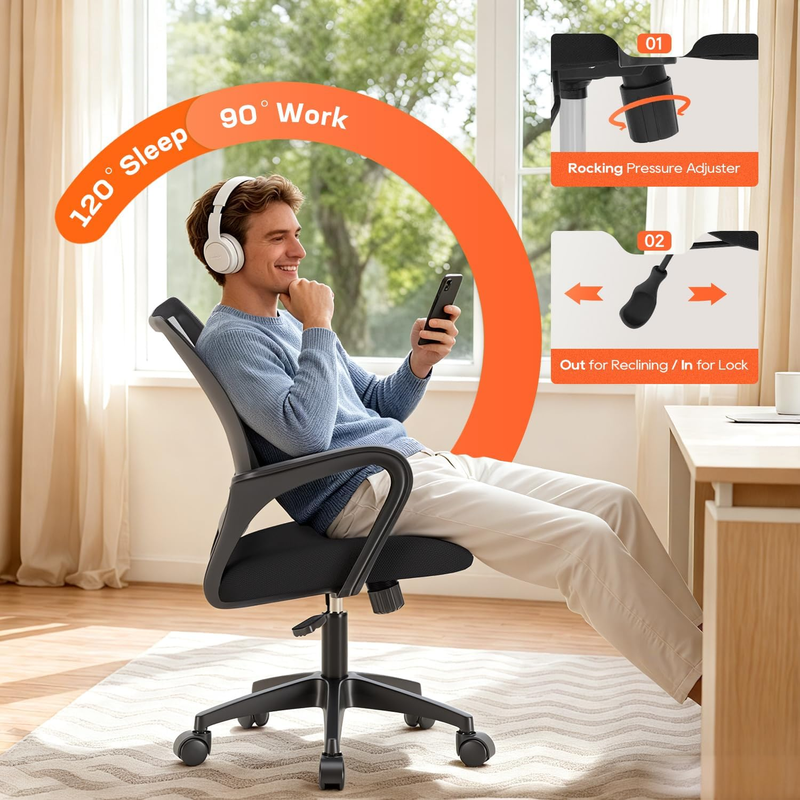 Ergonomic Office Chair Mid Back Swivel Desk Chair Lumbar Support Black3