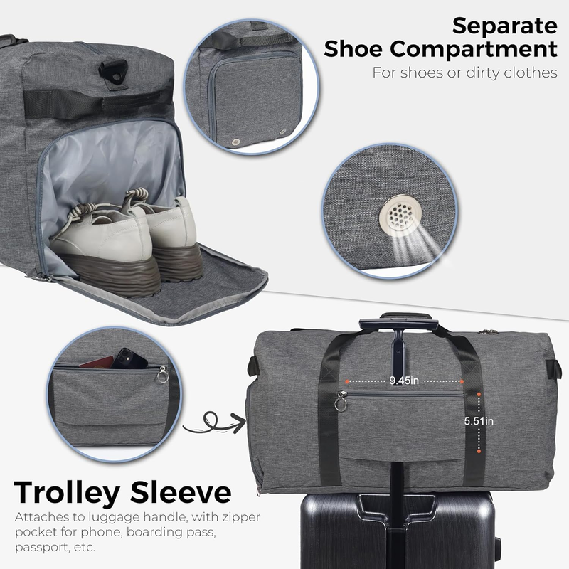 65L Travel Duffel Bag Foldable w/ Shoe Compartment Water Resistant Gray4