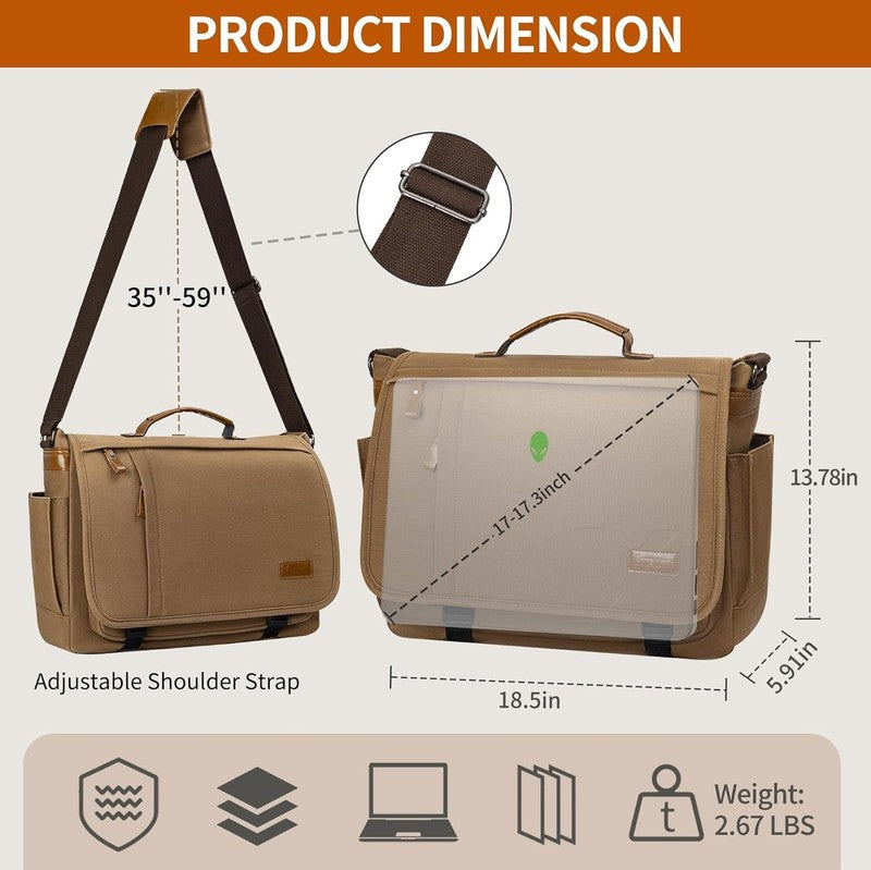 Mens Messenger Bag 17 17.3" Laptop Canvas Water Resistant Work Brown4