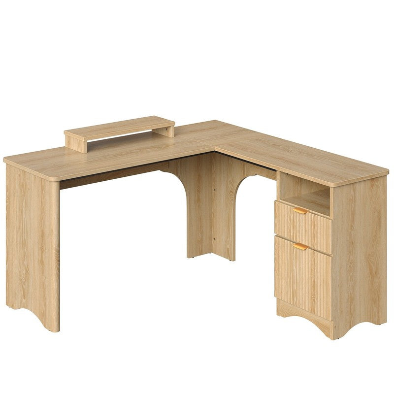 55" L-Shaped Desk with Drawers, Monitor Stand & Fluted Panels Natural Oak11