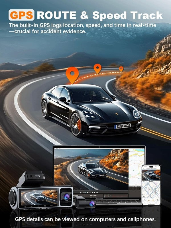 4K 3-Channel Dash Cam Front/Rear Inside GPS WiFi 64GB Card 3.18" IPS Screen3