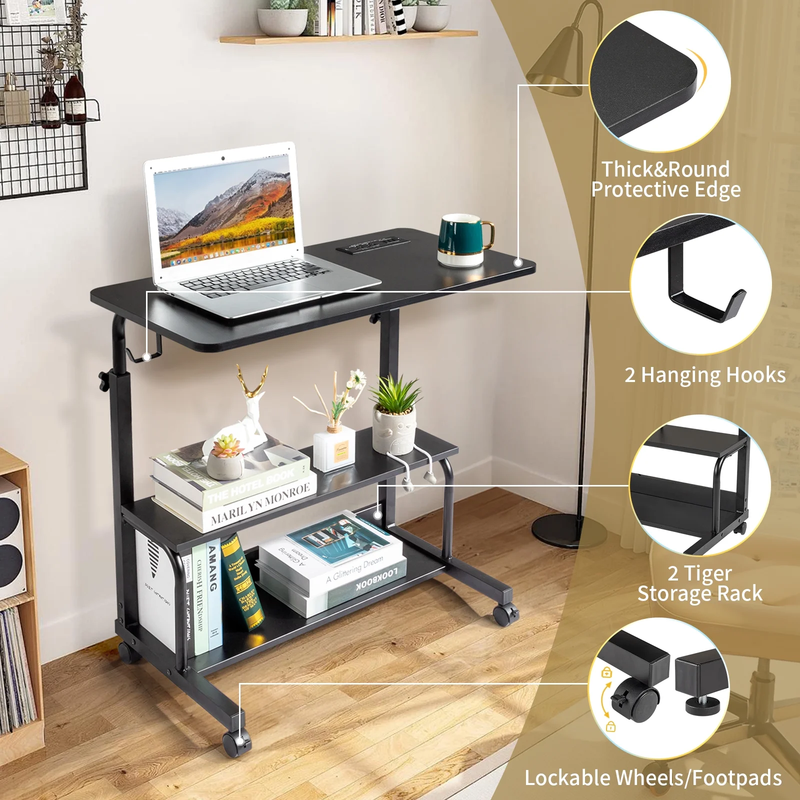 Adjustable Rolling Computer Desk Side Table Sofa End Cart w/ Charging Station7