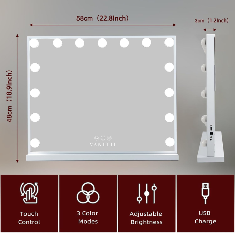 Hollywood Vanity Mirror VANITII 15 LED Bulbs Dimmable USB Lighted Tabletop6