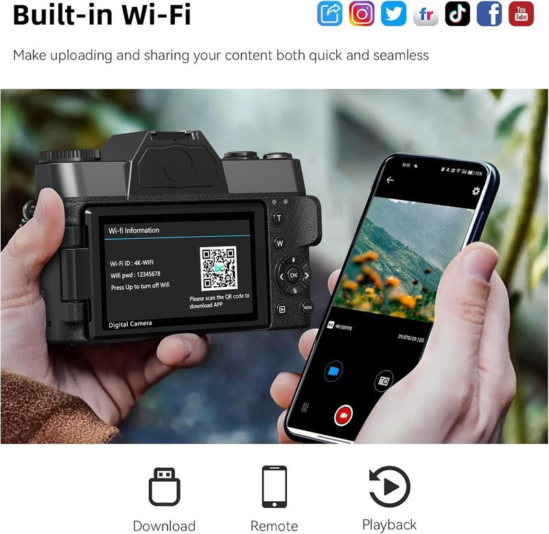 6K Digital Camera 64MP Vlogging WiFi 180° Flip Screen 16X Zoom 32GB Black5