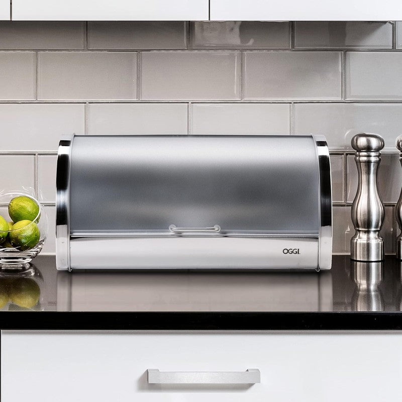 Stainless Steel Roll Top Bread Box Frosted Lid Large Countertop Bread Storage2