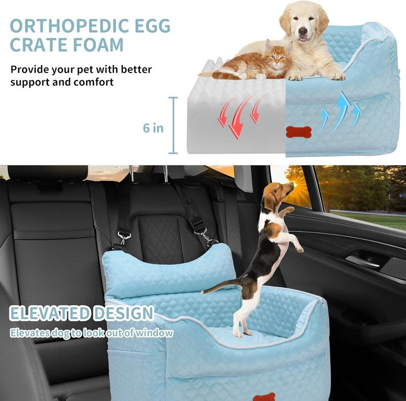 Dog Car Seat Memory Foam Small Dogs up to 25lbs w/ Pockets & Seat Belt Blue1