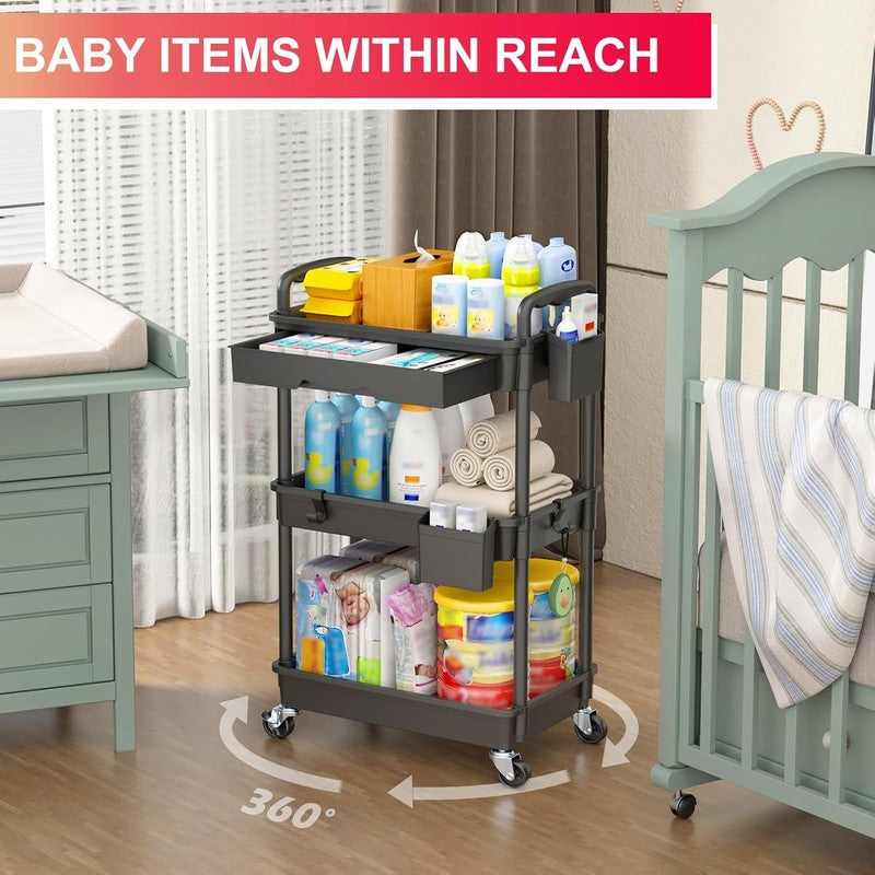 3-Tier Rolling Utility Cart with Drawer, Black Storage Cart with Wheels5