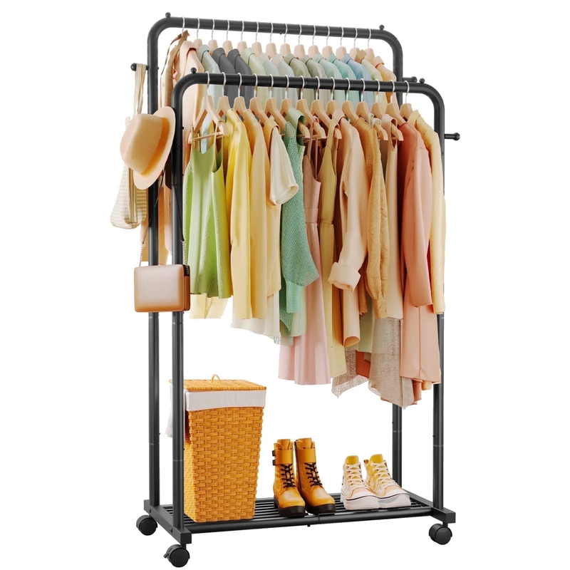 Double-Rod Clothes Rack with Hooks & Mesh Shelf Portable Hanger Black0