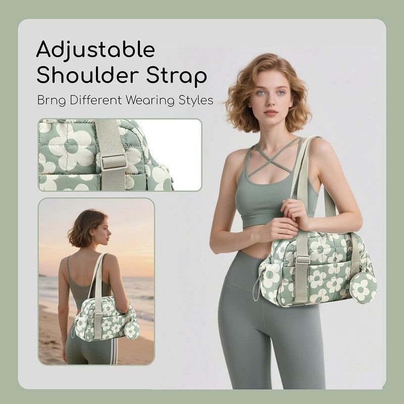 Mini Gym Bag Women Quilted Duffel Wet Compartment Yoga Dance Green Flower 12.6"1