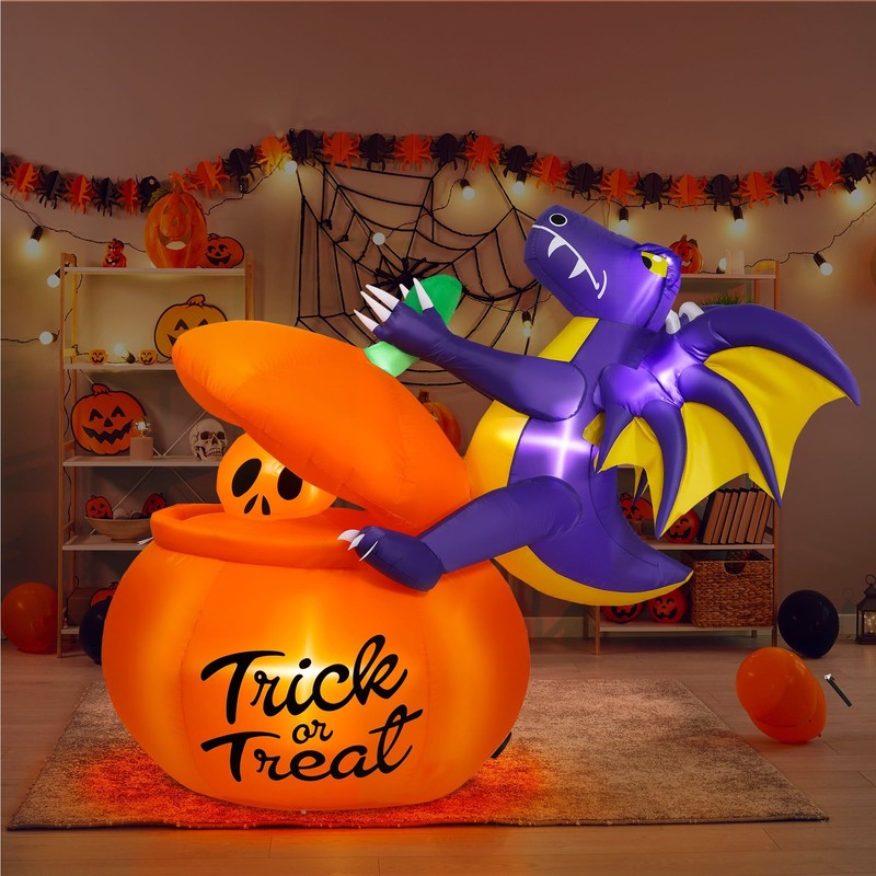 6Ft Halloween Inflatable Pumpkin Dinosaur w/ Lights Outdoor Decoration10