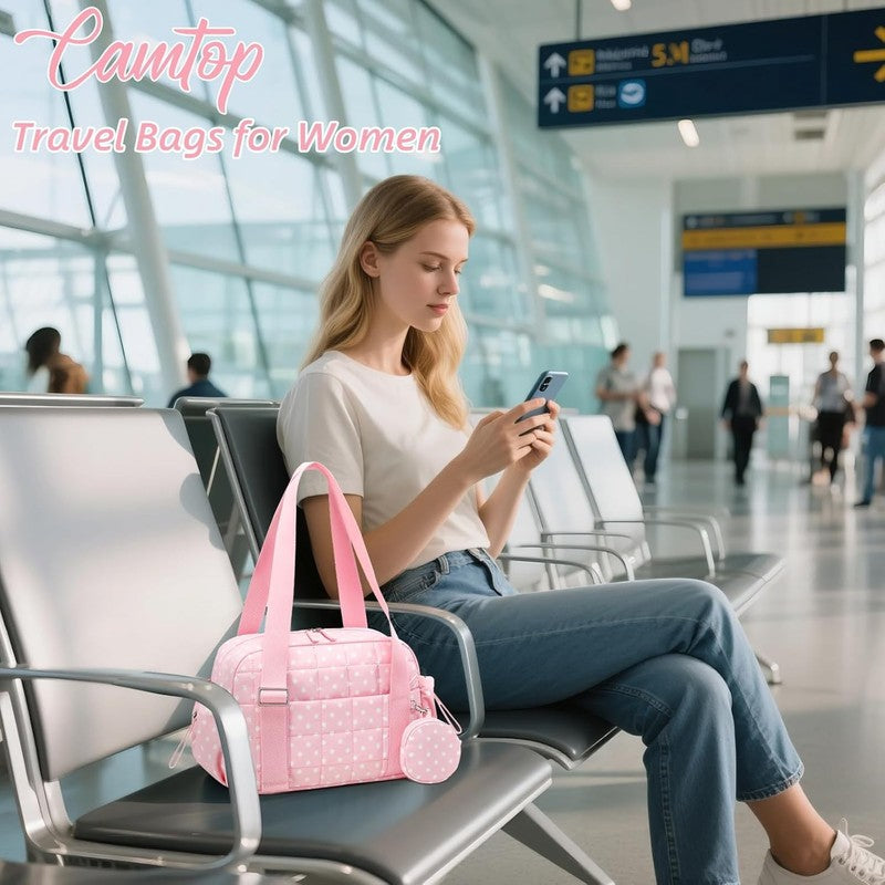 Mini Gym Bag Women Quilted Duffel Wet Compartment Yoga Dance Polka Pink 12.6"1