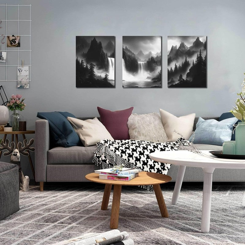 Foggy Forest 3-Piece Wall Art Set - Black & White Canvas Decor 12" x 16"5
