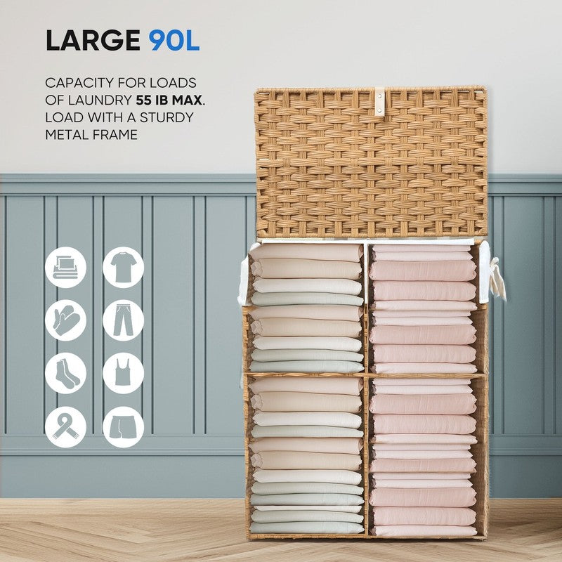 90L Handwoven PP Rattan Laundry Basket w/ Lid, Handle, Foldable, Removable Liner5