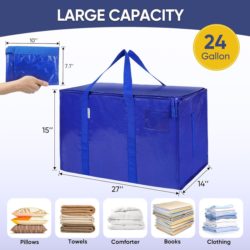 6 Pack Extra Large Heavy Duty Moving Bags Zipper Storage Totes Blue3