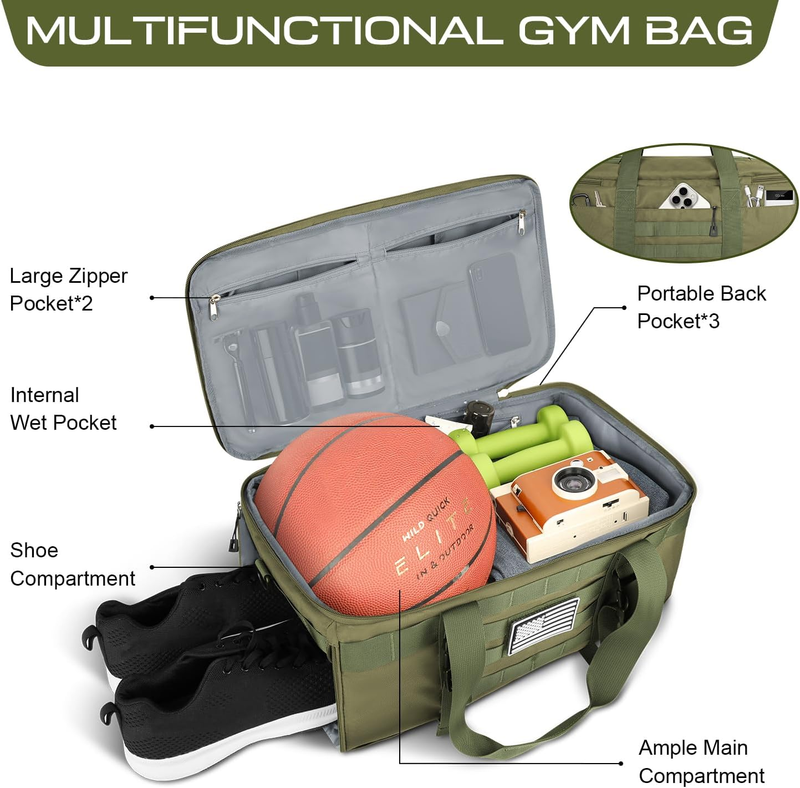 45L Gym Duffle Backpack 3‑in‑1 Duffle & Backpack w/ Shoe Compartment Green1