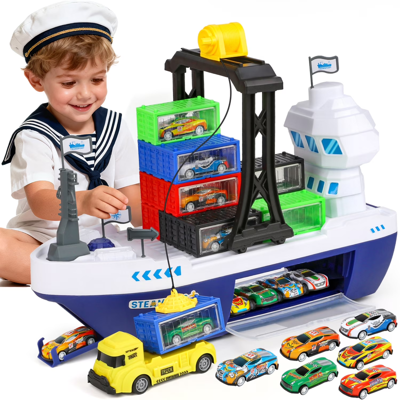 Cargo Ship Toy & Gantry Crane for Kids, Toy Boat and Crane Playset with 6 Race C10