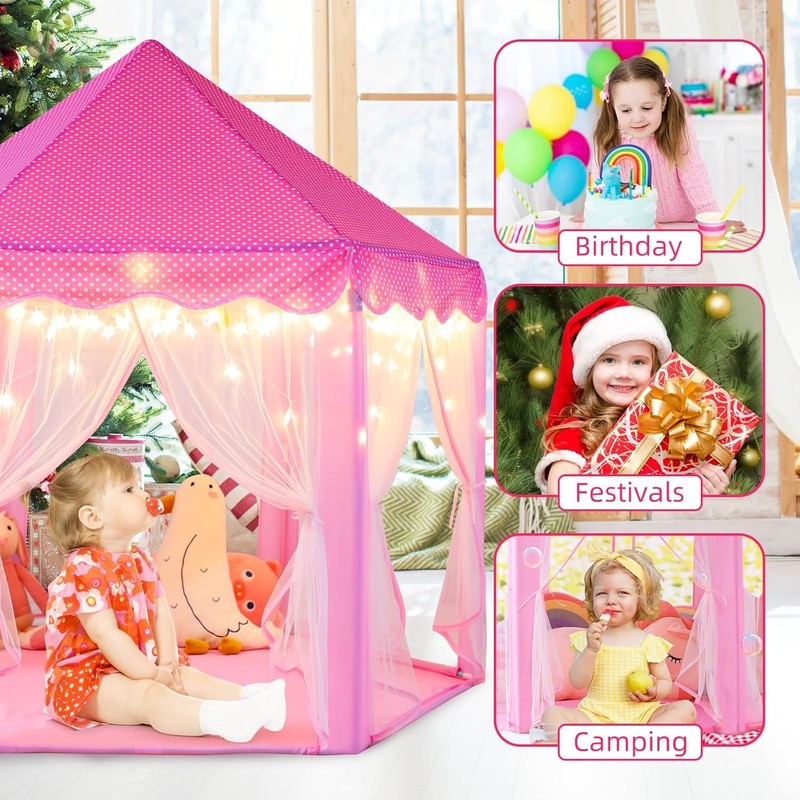 Princess Tent Girls Large Playhouse Kids Castle Play Tent with Star Lights Toy f6