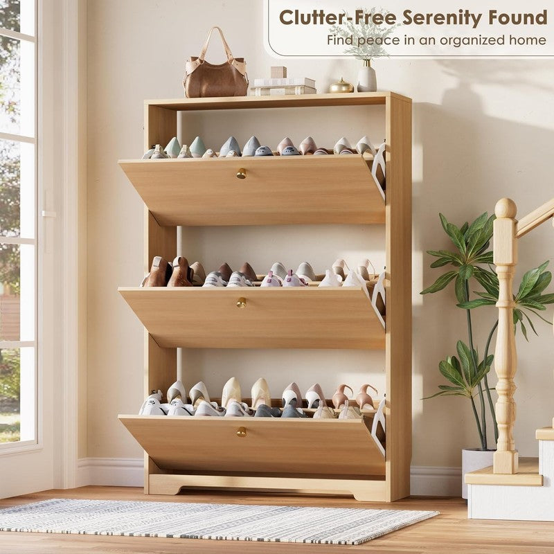 Slim Shoe Storage Cabinet Hidden Rack Organizer Entryway Hallway Natural Oak4