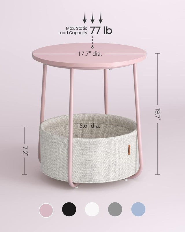 Small Round Side Table Nightstand with Fabric Basket Jelly Pink Cream White1