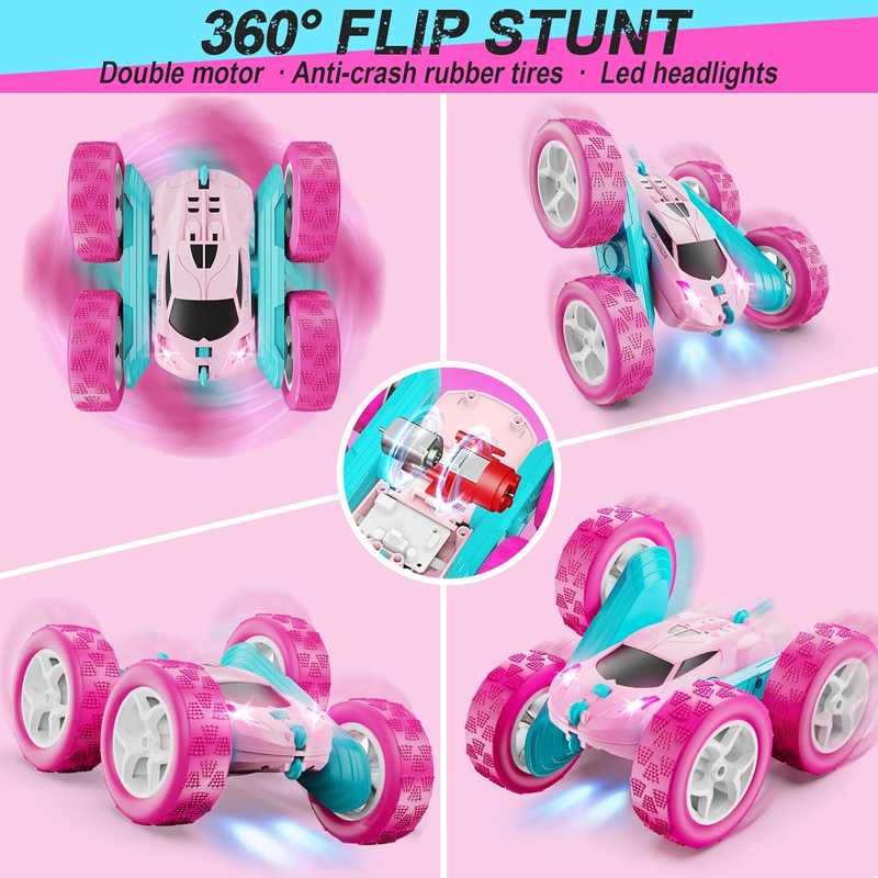 Pink RC Car for Girls 2.4GHz Double Sided 360° Stunt Car w/ Headlights3