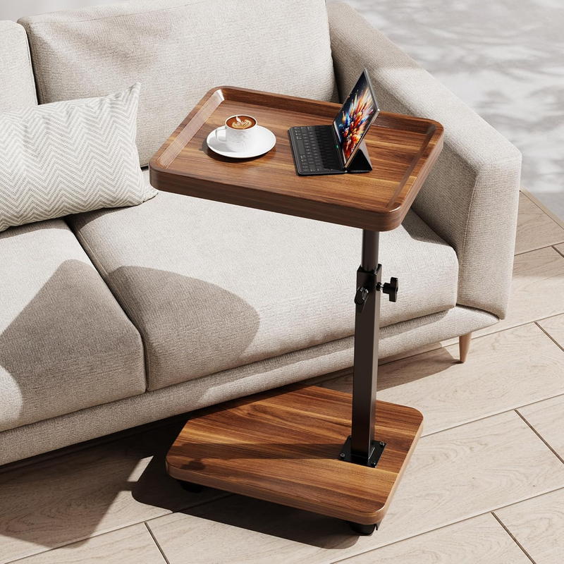 C-Shaped Swivel TV Tray Table Adjustable Height with Wheels Walnut0