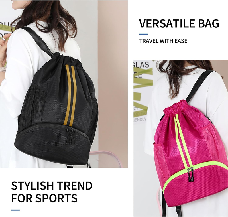 Drawstring Backpack Gym Bag w/ Shoe Compartment Water Resistant Cinch Black Gold6